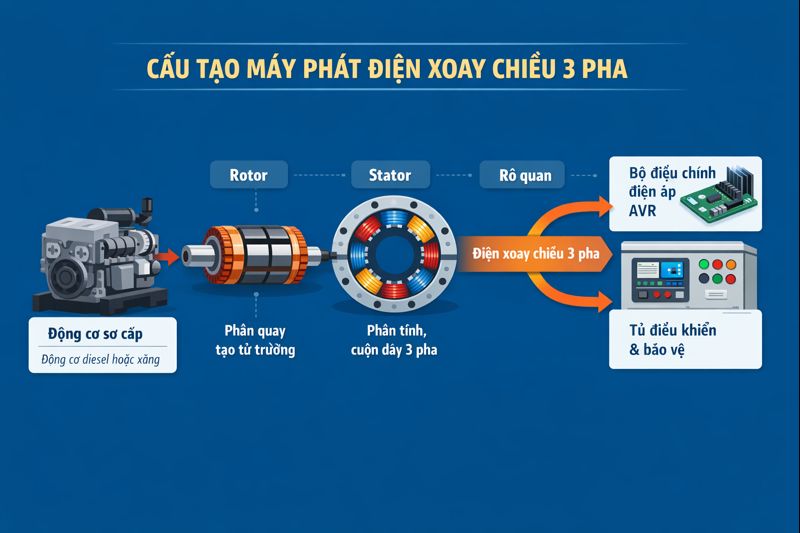 MÁY PHÁT ĐIỆN XOAY CHIỀU 3 PHA: CẤU TẠO VÀ NGUYÊN LÝ HOẠT ĐỘNG